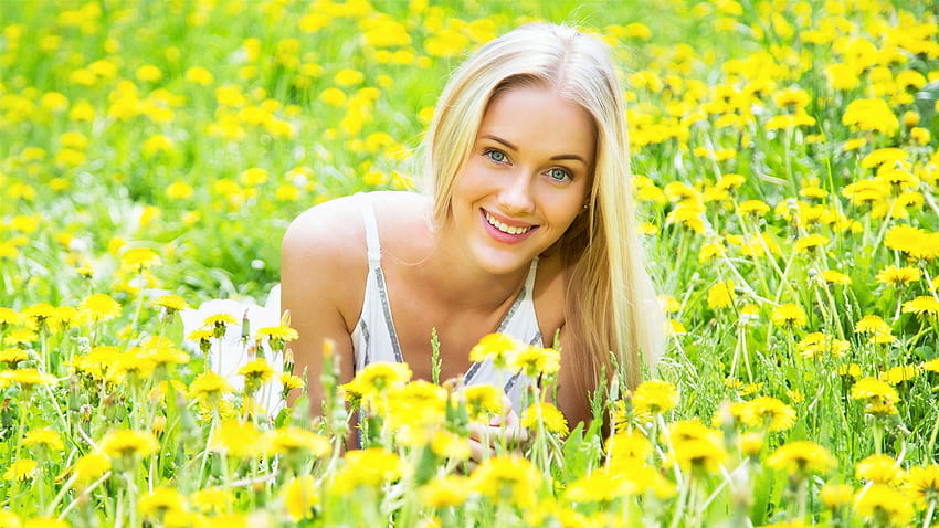 Smile Blonde Girl, Yellow Flowers, Spring IPhone 8 7 6 6S, Spring Woman HD wallpaper