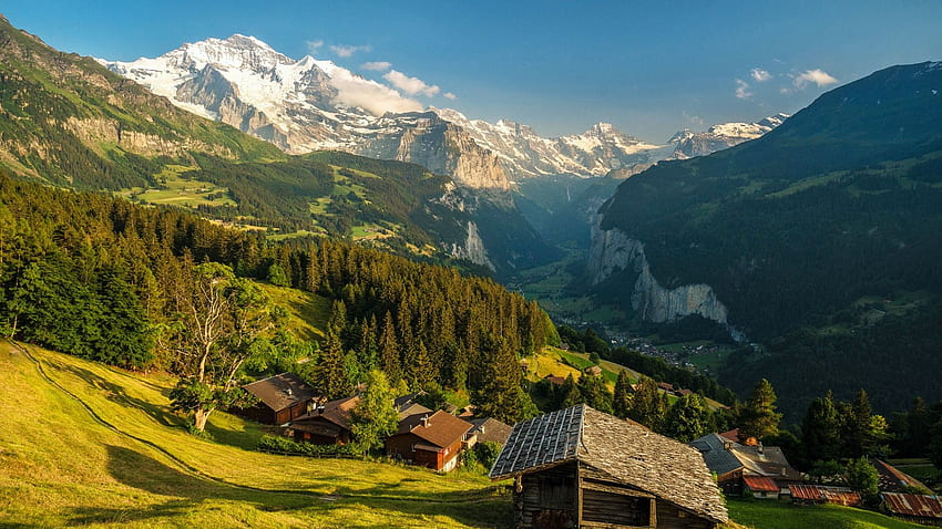Венген, Швейцария, Алпи, къщи, село, пейзаж, дървета, поляна HD тапет