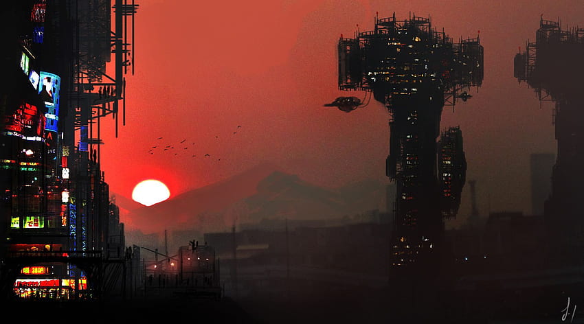 ROT von J.H. alias Suiatsu. Ästhetisch, Cyberpunk-Stadt HD-Hintergrundbild