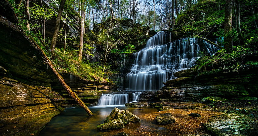 Sunlit Cascading Forest Waterfalls, Waterfalls, Nature, Forests, Mountains, Sunshine HD wallpaper