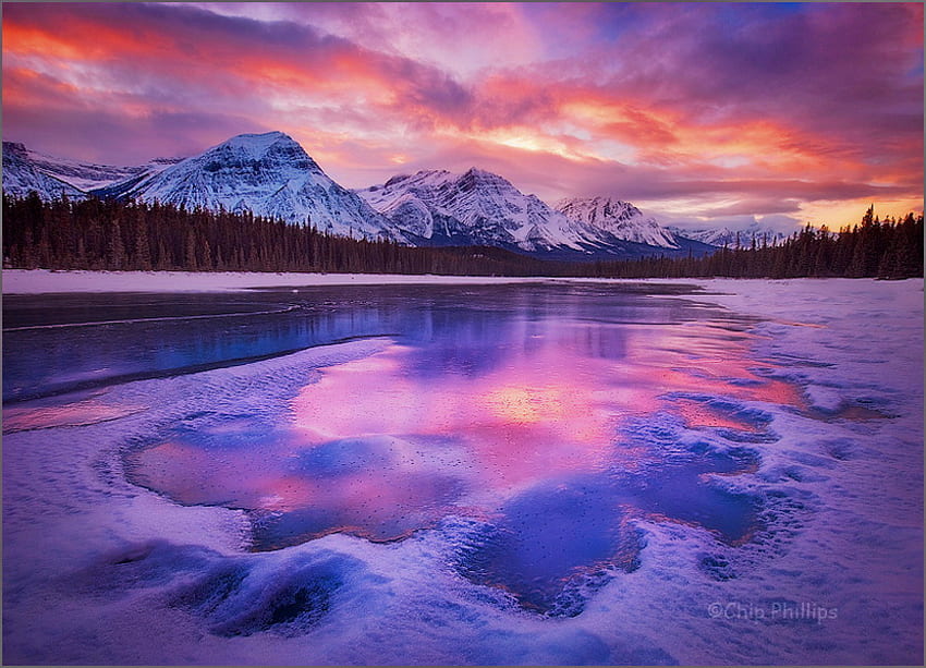 Sky art, blue, pink, snow cap, clouds, mountains, water, reflections, rock HD wallpaper