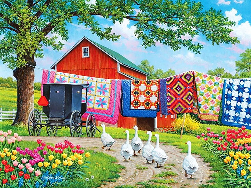 Plain and Fancy, barn, coach, quilts, painting, flowers, spring, geese, tree HD wallpaper