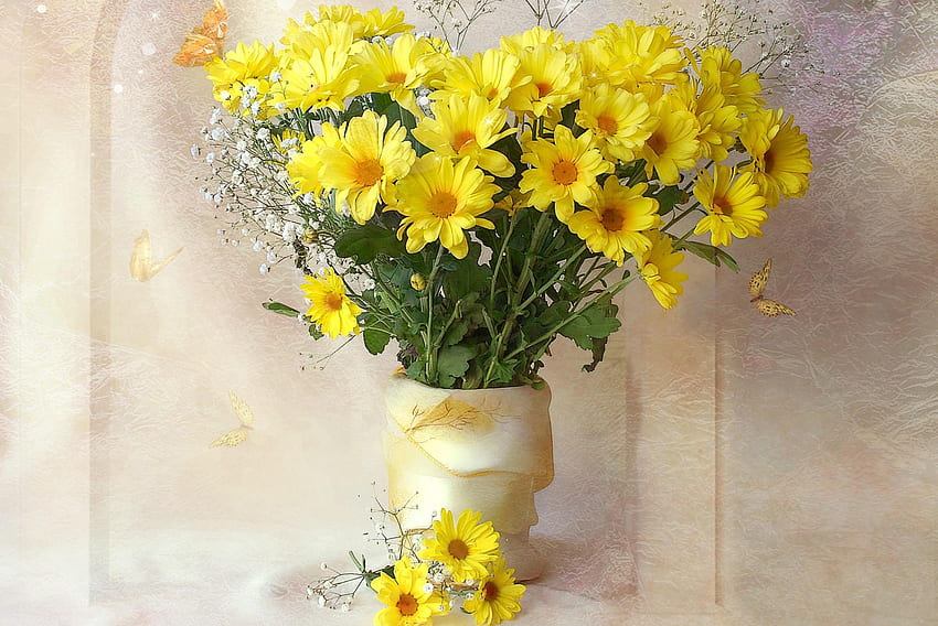 Flowers, Chrysanthemum, Bouquet, Gypsophilus, Gipsophile, Vase HD wallpaper