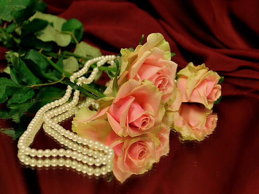 Flowers, Roses, Reflection, Beads, Pearl, Three HD wallpaper