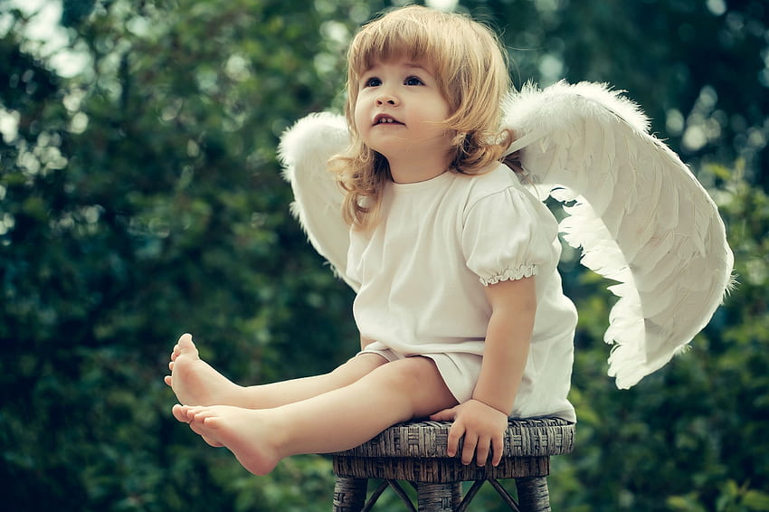 Little angel, wings, white, cute, girl, angel, copil, little, feather, green, child HD wallpaper