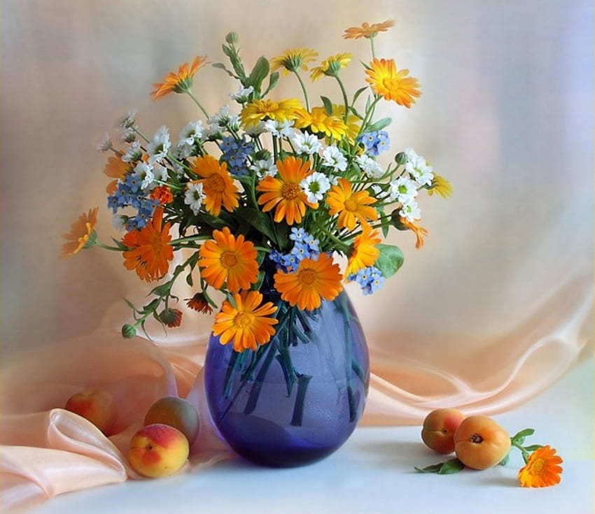 peachy, table, vase, fruit, flowers, cloth HD wallpaper