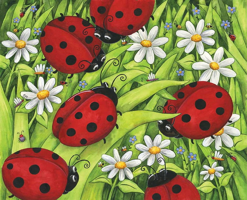 ★LadyBugs in Garden★, ladybugs, attractions in dreams, insects, paintings, gardening, gardens and parks, lovely flowers, seasons, spring, creative pre-made, bees, love four seasons, animals, drawings, nature, flowers HD wallpaper
