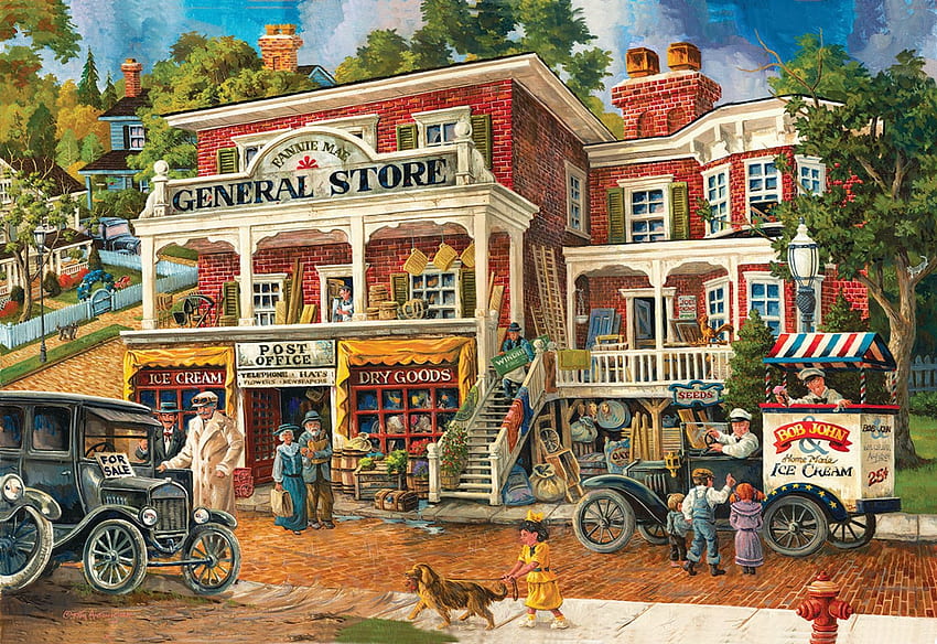 Fannie Mae's General Store, Oldtimer, Autos, Haus, Malerei, Straße, Menschen HD-Hintergrundbild
