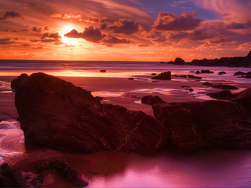 Summer sunset, sea, summser, beautiful, stones, purple, reflection, red, clouds, sky, water, sunset HD wallpaper