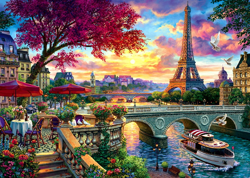 Blooming Paris, boat, river, seine, france, artwork, eiffel tower, painting, clouds, trees, sky, flowers, sunset HD wallpaper