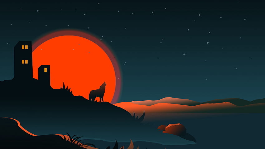Wolf Mond Silhouette Gebäude Sternenhimmel Hintergrund Minimalismus HD-Hintergrundbild
