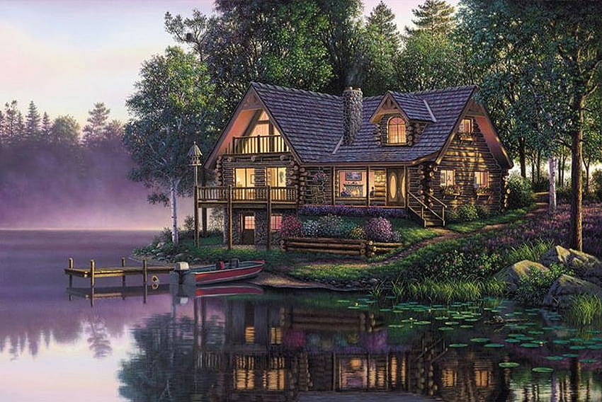 Riverside cottage, cottage, art, painting, lake HD wallpaper