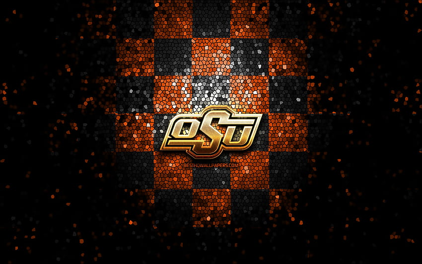 Oklahoma State Cowboys, logo scintillant, NCAA, fond à carreaux marron orange, États-Unis, équipe de football américain, logo Oklahoma State Cowboys, art de la mosaïque, football américain, Amérique pour avec résolution. Haute qualité Fond d'écran HD