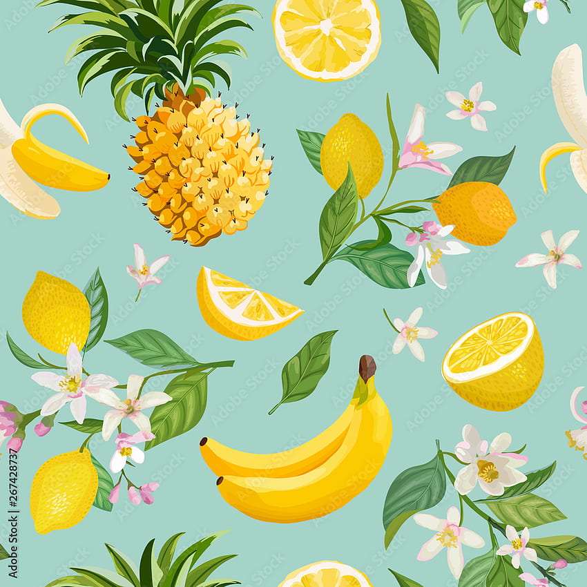 Фото безшевни тропически плодове с фон на лимон, банан, ананас, плодове, листа, цветя. Ръчно рисувана векторна илюстрация в акварелен стил за лятна романтична корица, тропически Nr.267428737, дигитален печат, плод от ананас HD тапет за телефон