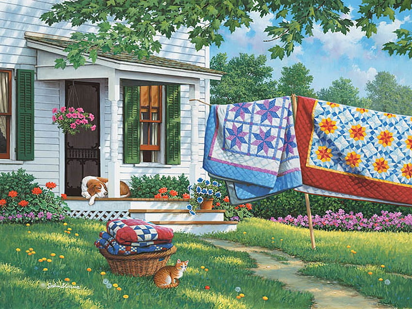 Calico Country, cão, pintura, casa, jardim, gato, flores, árvore papel de parede HD