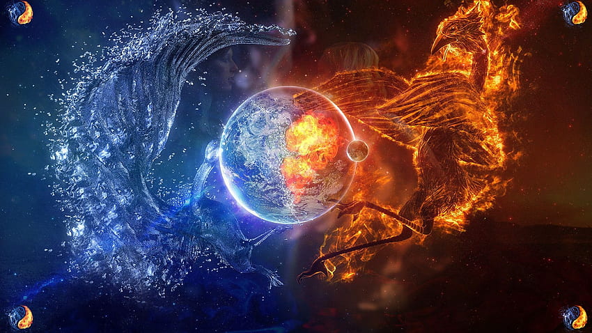 Нарисувани планети с карфица Огън и лед - Огън и воден дракон -, Лед срещу Огън HD тапет