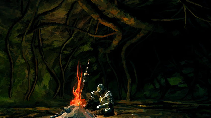 Warrior beside bonfire painting, Dark Souls, artwork, video games HD wallpaper