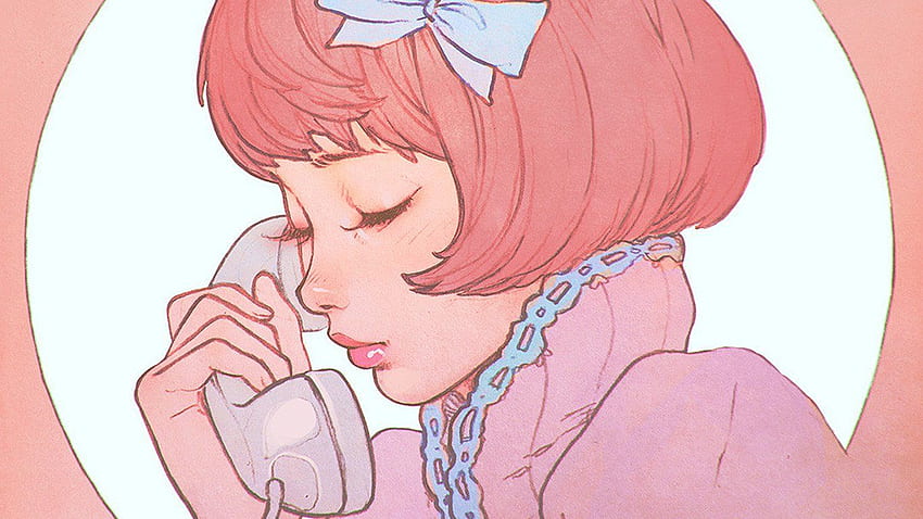 ノートパソコン用。 ピンクの電話の女の子 かわいい アニメ 描画 アート イリヤ 高画質の壁紙