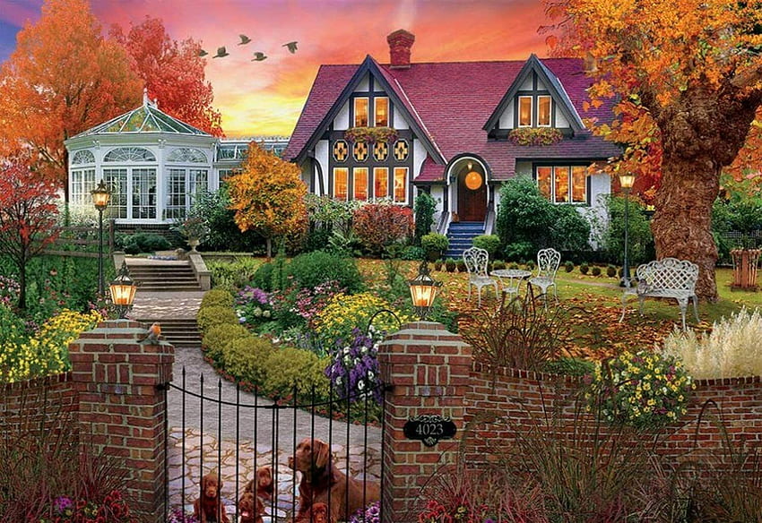 Conservatory House, sunset, table, colors, garden, artwork, chairs, digital, pavillion, autumn, trees, cottage, flowers HD wallpaper