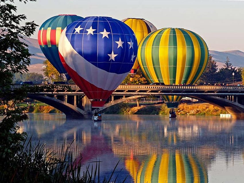 Up and away, blue, reflections, designs, green, yellow, red, hot air balloons, water, floating HD wallpaper