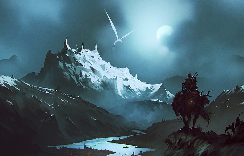 Mountains, Night, Dragon, White, River, The moon, Monster, Warrior, Fantasy, Dragon, Art, Fiction, Omar Bronze, by Omer Tunc, Omer Then for , section фантастика HD wallpaper