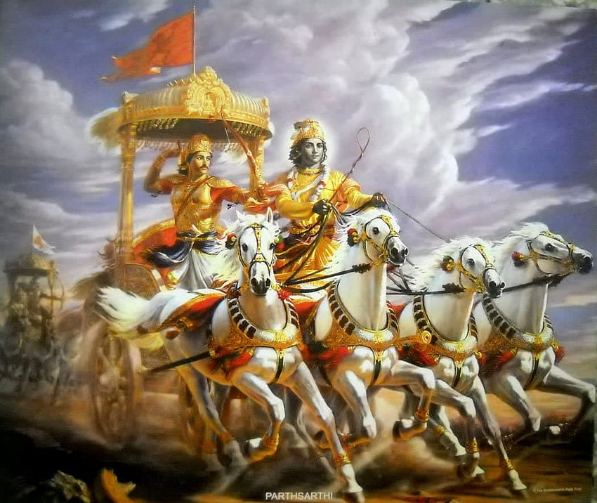 마하바라타 전쟁에서 아르주나를 호위하는 크리슈나/ 대형 힌두 신 포스터 - 종이에 재인쇄(프레임 없음: 크기 27 x 37인치): Posters & Prints, Krishna and Arjun HD 월페이퍼