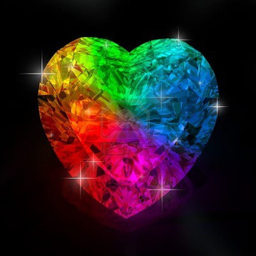 Forma de corazón de diamante arco iris aislado sobre negro - 3D. Diamante en forma de corazón, Corazón del arco iris, Formas de corazón fondo de pantalla del teléfono