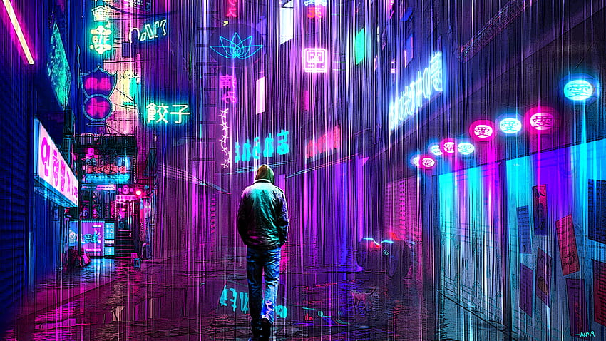 Neon Rainy Lights Cyberpunk, 아티스트, , 배경 및 사이버펑크 퍼플 HD 월페이퍼