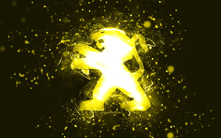 Peugeot yellow logo, , yellow neon lights, creative, yellow abstract background, Peugeot logo, cars brands, Peugeot HD wallpaper
