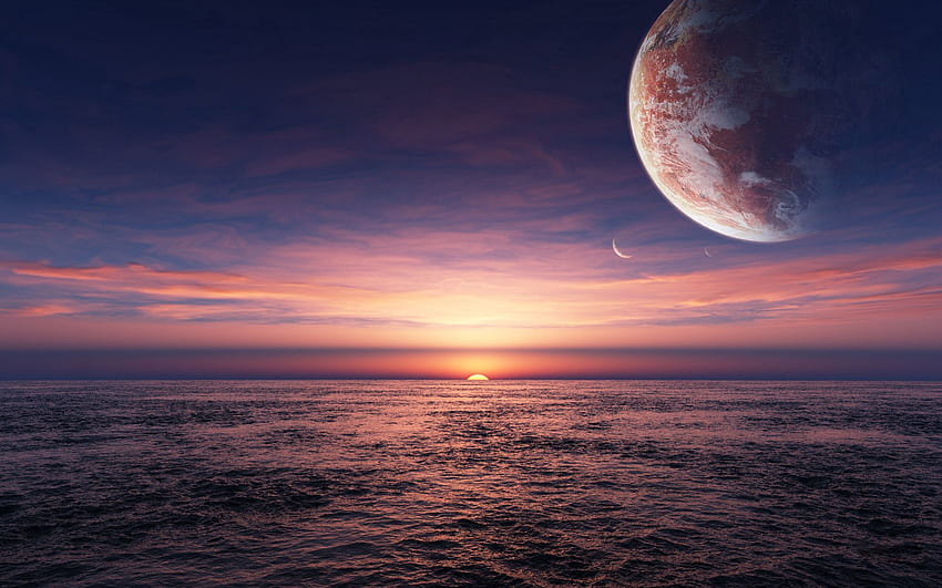 ธรรมชาติ พระอาทิตย์ตก ดาวเคราะห์ ทะเล ดวงอาทิตย์ วอลล์เปเปอร์ HD