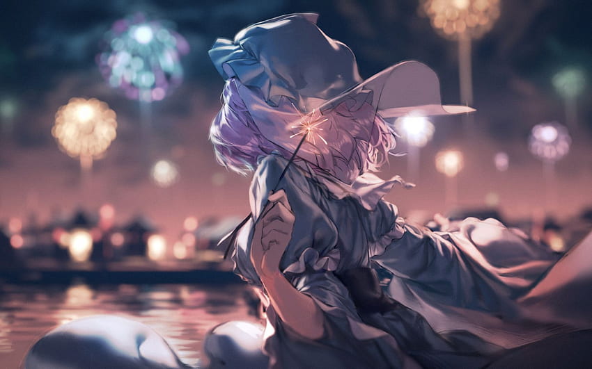 Yuyuko Saigyouji, Touhou, Enjoying Fireworks, Anime Girl, , , Background, 6a32af HD wallpaper