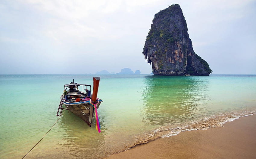 kano bertenaga di beaxh Asia Tenggara, perahu, monumen, teluk, batu, pantai Wallpaper HD