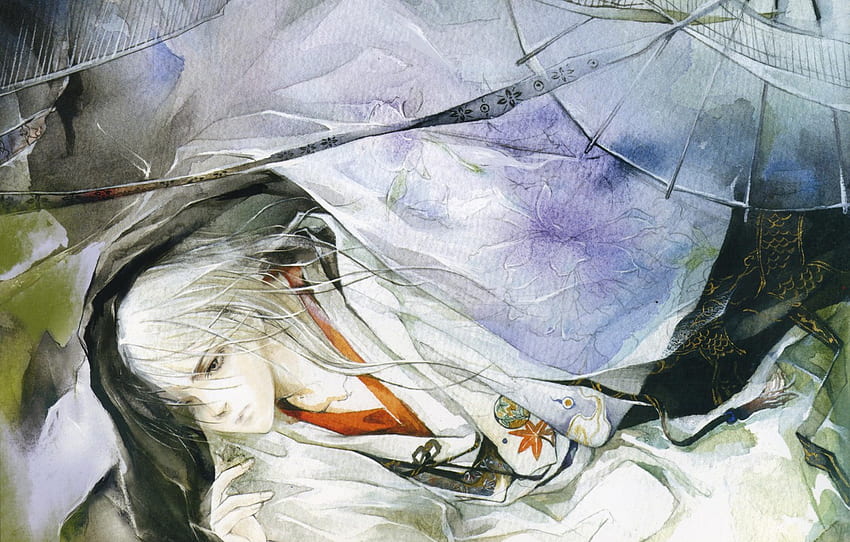 umbrella, watercolor, guy, Japanese clothing, art, Eno, rusnok, long white hair for , section живопись, Japanese Fine Art HD wallpaper