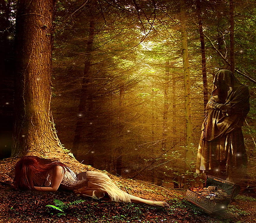 Desolation, gree and gold hues, desolate, woman, grim reaper near, light, despair, lying on forest floor, trees, forest HD wallpaper