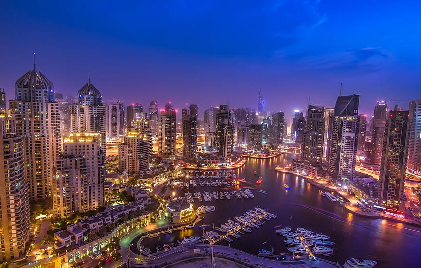 beautiful, panorama, Dubai, night city, Dubai, UAE, Dubai Night Skyline HD wallpaper