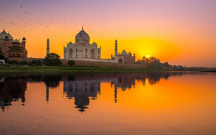 Taj Mahal, Agra, sera, tramonto, punto di riferimento, Uttar Pradesh, India, Corona del Palazzo, architettura Mughal per con risoluzione. Alta qualità, tramonto del Taj Mahal Sfondo HD