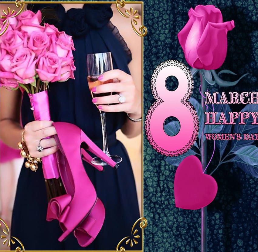 * HAPPY WOMEN'S DAY *, acht, Blumenstrauß, Schuhe, Rosen, Rahmen, Frauentag, März, Frau, Rosa, Tag, besondere Tage, glücklich, Frauen HD-Hintergrundbild
