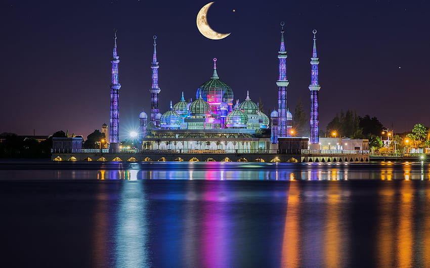 Crystal Mosque, night, Kuala Terengganu, Malaysia for with resolution . High Quality HD wallpaper