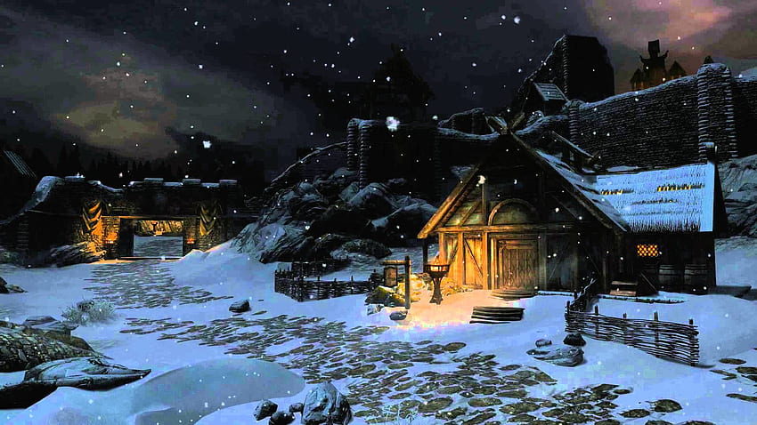 Animated - Winter Skyrim - Dark Night HD wallpaper