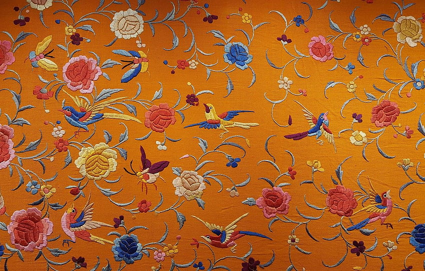 fleurs, oiseaux, texture, tissu, soie, broderie, motif chinois Fond d'écran HD