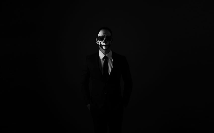 mask, anonymous, bw, tie, suit jacket, shirt, dark 16:10 background, Gentleman Suit HD wallpaper