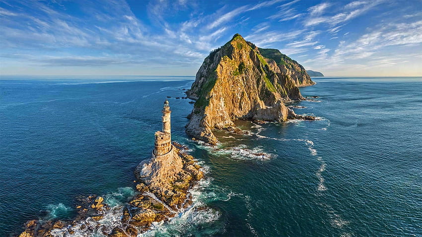 Lighthouse, sea, sky, rock HD wallpaper