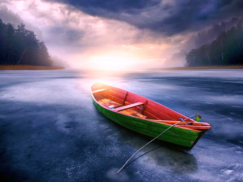 Wait for spring, blue, boat, light, clouds, water, evening, ice HD wallpaper