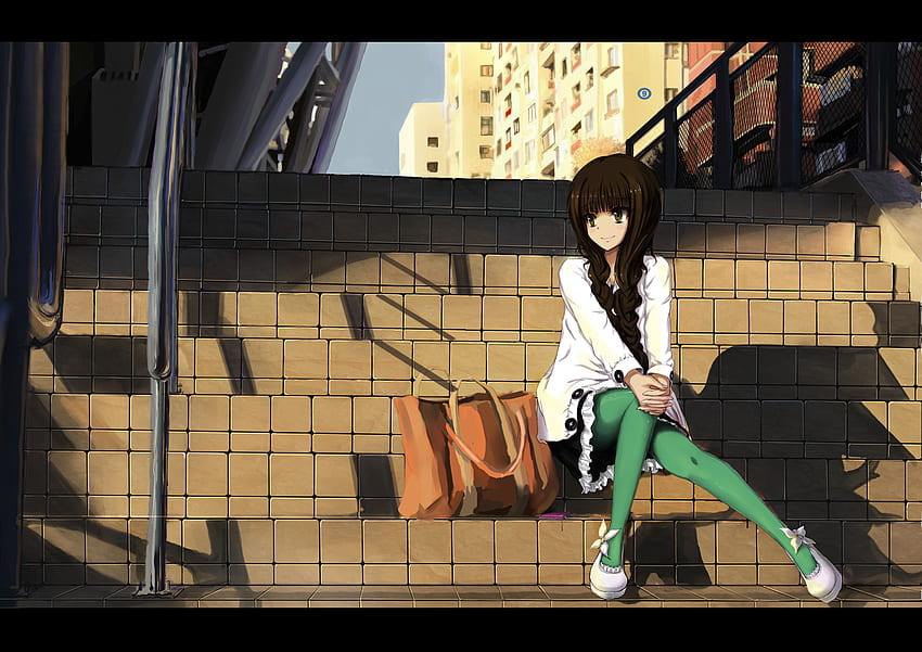 long wait, city, town, girl, bruntte, shadows, stairs, anime, shopping bag, sunset HD wallpaper