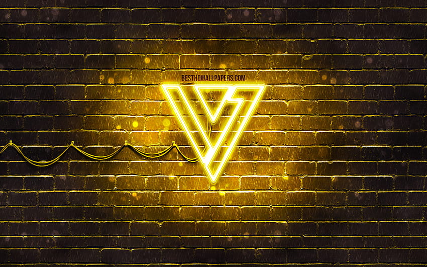 Seventeen logo kuning, , K-pop, bintang musik, brickwall kuning, logo Seventeen, merek, K-Pop Boy Band, Seventeen neon logo, Seventeen Wallpaper HD