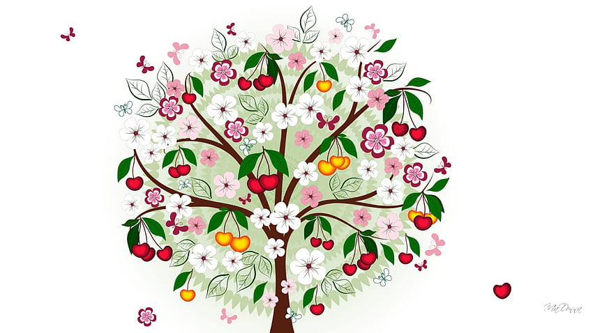 Cherry Tree, колоритен, вектор, дизайн, изкуство, череши, пролет, дърво, лято, пеперуди, абстрактно, плодове, цветя, ароматни HD тапет