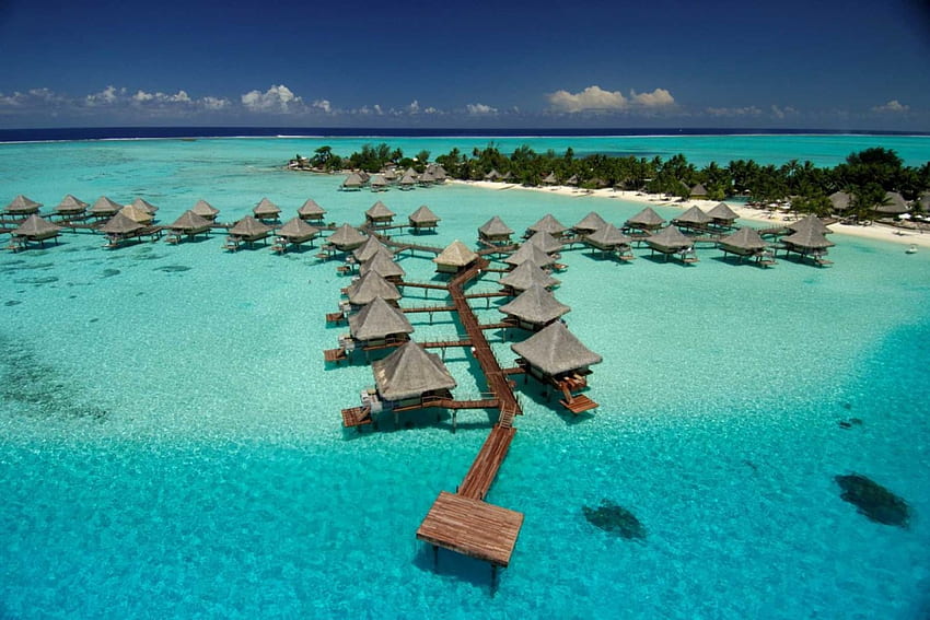 Intercontinental Hotel Resort Bora Bora, остров, синьо, пясък, тропически, Intercontinental, таити, моана, плаж, риф, ваканция, колиби, вода, острови, океан, море, корал, бунгало, вили, бягство, лукс, екзотика, хотел, рай, вила, лагуна, убежище, 5 звезди, хижа, атол, спа, курорт, Бора Бора HD тапет