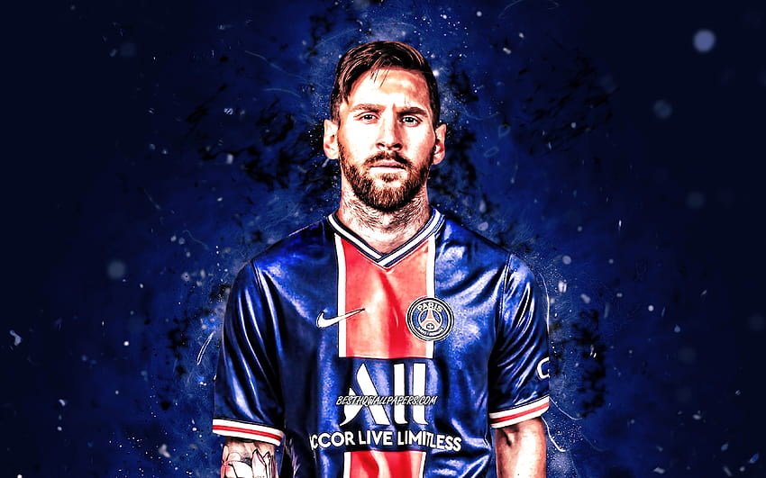 Lionel Messi PSG, , 2021, นักฟุตบอลชาวอาร์เจนติน่า, Paris Saint-Germain, แสงนีออนสีน้ำเงิน, ฟุตบอล, Messi PSG, ลีกเอิง 1, Leo Messi, PSG, ฟุตบอล, Lionel Messi, Lionel Messi Paris Saint-Germain, Lionel Messi วอลล์เปเปอร์ HD