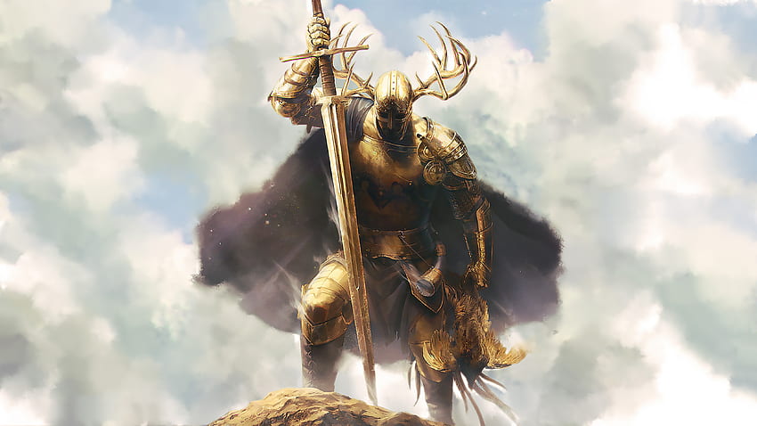 Knight armour Swords Warriors Horns Fantasy Gold, Gold Armor HD wallpaper