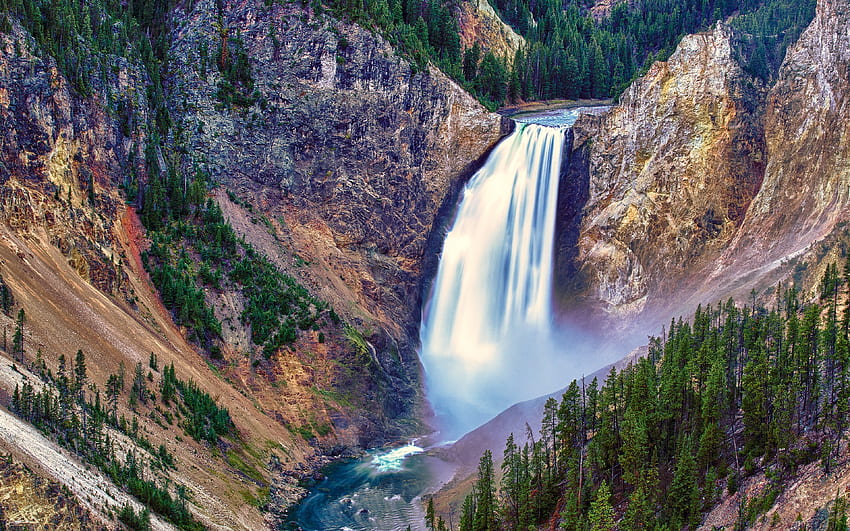 Yellowstone National Park, Yellowstone Falls, waterfall, nature HD wallpaper